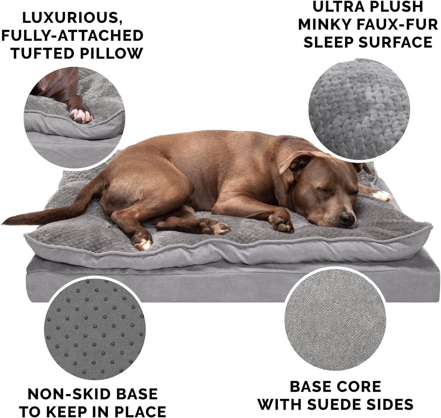 Pet Bed for Dogs and Cats - Plush Minky Faux Fur and Suede Pillow Top Cushion Mattress Egg Crate Orthopedic Dog Bed, Removable Machine Washable Cover - Titanium Gray, Medium