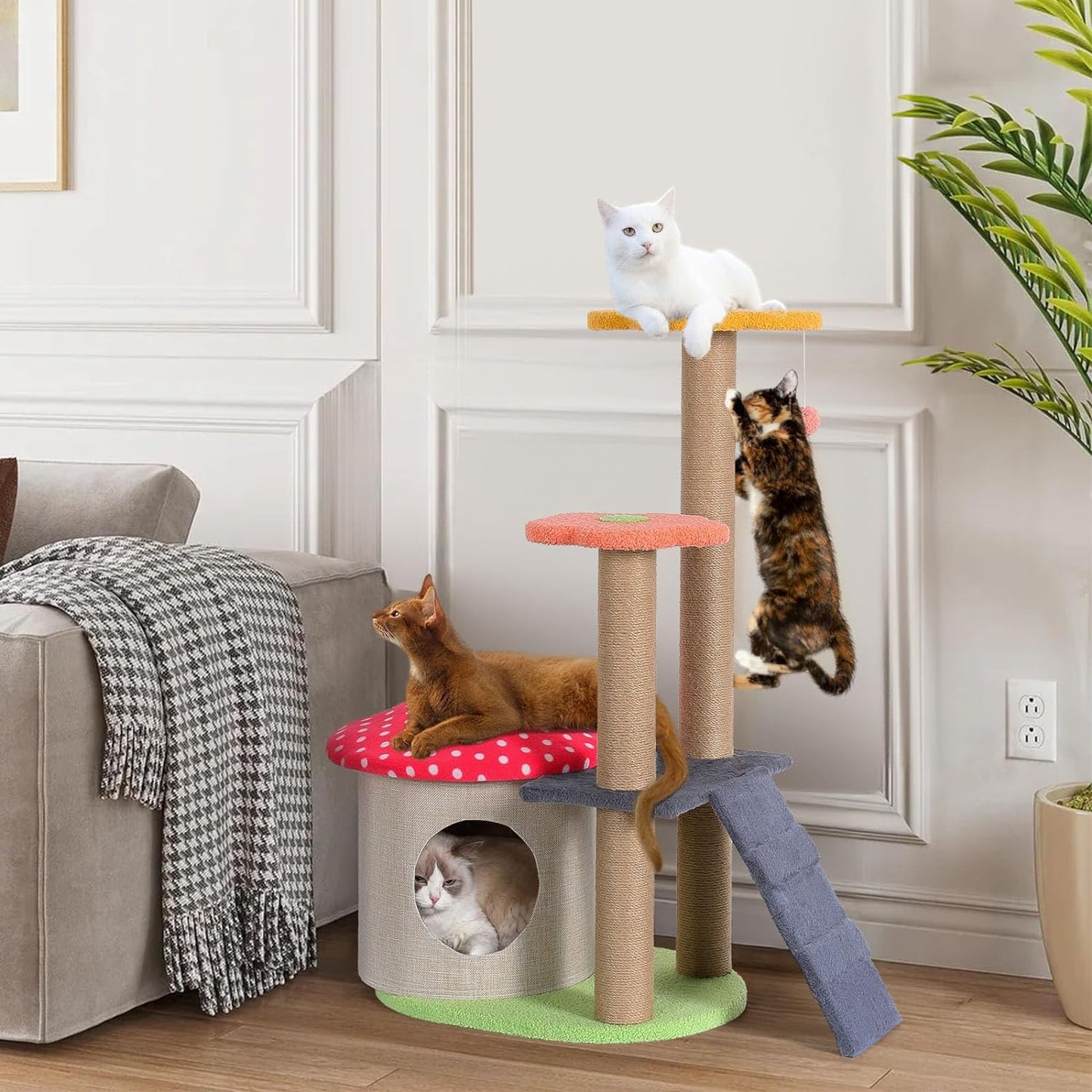 35" Mushroom Cat Tree, Cute Flower Cat Tower for Indoor Cats, Unique Cat Tree, Aesthetic Cat Tree with Sisal Scratching Post, 4 Layers Cat Playhouse for Kitten, Red Mushroom