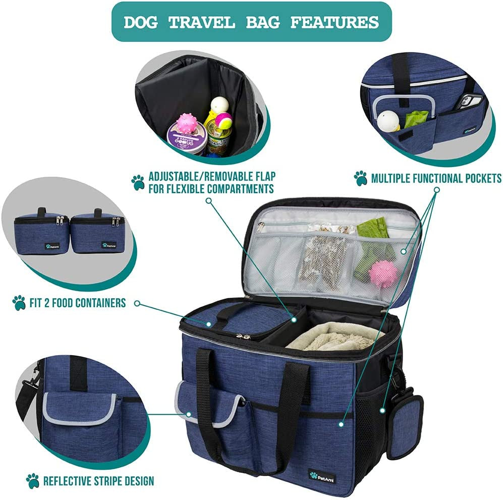 Dog Travel Bag | Airline Approved Tote Organizer with Multi-Function Pockets, Food Container Bag and Collapsible Bowl | Perfect Weekend Pet Travel Set for Dog, Cat (Navy, Small)