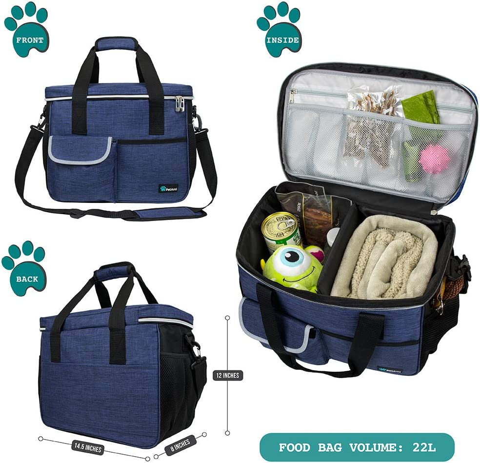 Dog Travel Bag | Airline Approved Tote Organizer with Multi-Function Pockets, Food Container Bag and Collapsible Bowl | Perfect Weekend Pet Travel Set for Dog, Cat (Navy, Small)