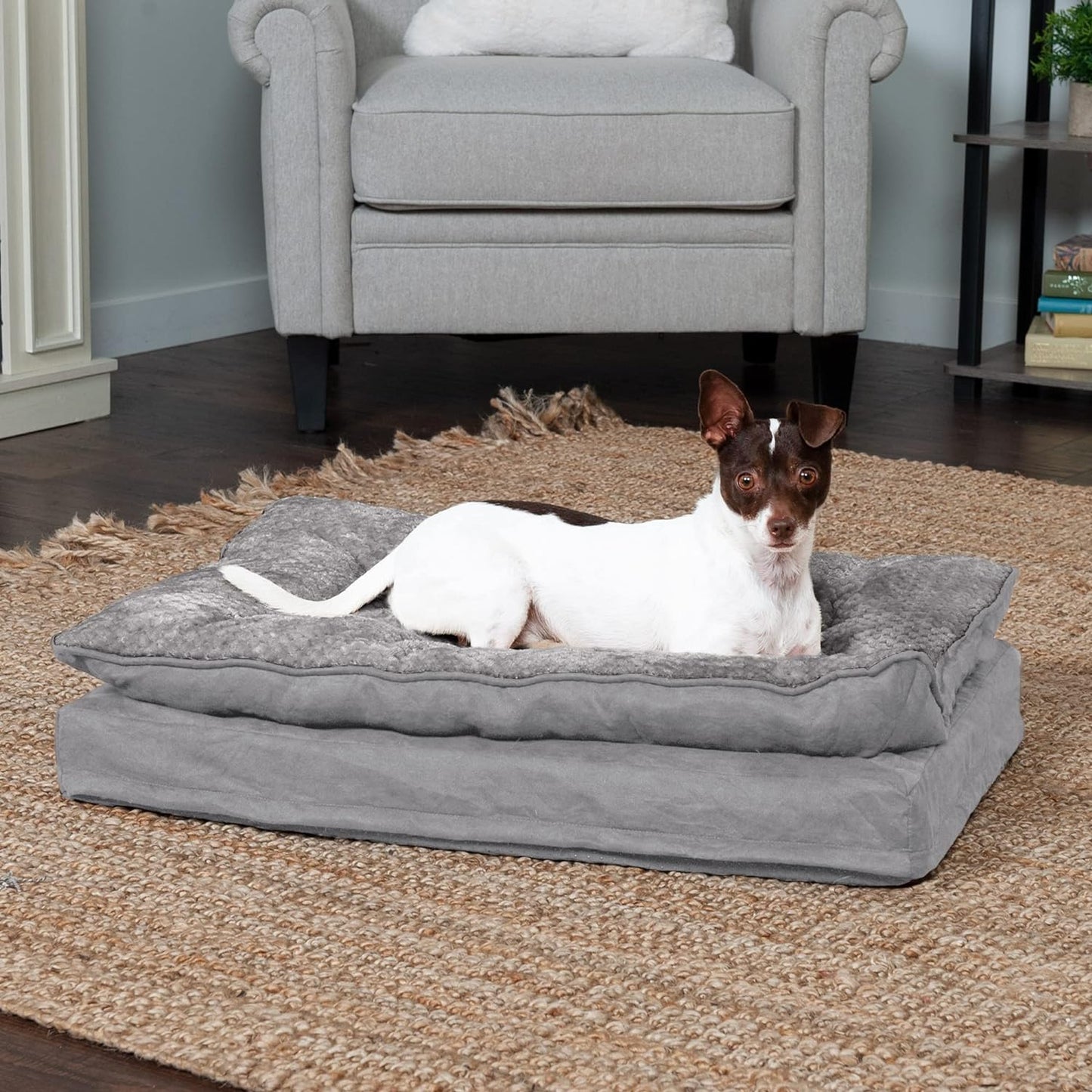 Pet Bed for Dogs and Cats - Plush Minky Faux Fur and Suede Pillow Top Cushion Mattress Egg Crate Orthopedic Dog Bed, Removable Machine Washable Cover - Titanium Gray, Medium