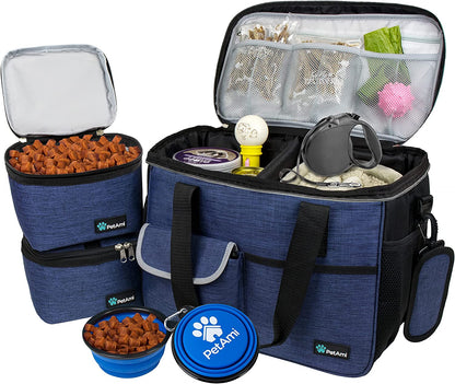 Dog Travel Bag | Airline Approved Tote Organizer with Multi-Function Pockets, Food Container Bag and Collapsible Bowl | Perfect Weekend Pet Travel Set for Dog, Cat (Navy, Small)