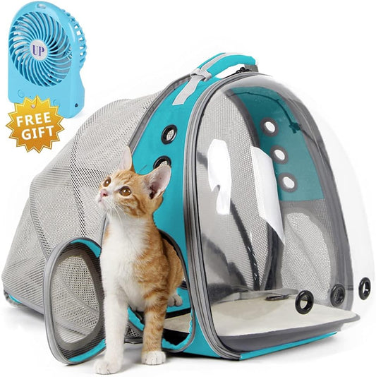 Cat Travel Backpack with Fan, Fit up to 20 Lbs, Space Capsule Astronaut Clear Bubble Window Pet Backpack for Kitten and Small Puppy (Green, Back Extension + Fan)