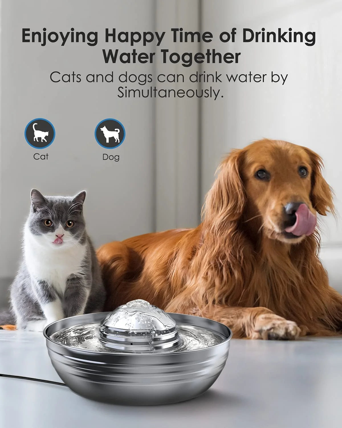 2L/67Oz Cat Water Fountain, 304 Stainless Steel Water Fountain for Cats Inside, Pet Water Fountain with 3 Filters & Quiet Pump, Cat Water Bowl with Automatic Filtration System - Silver