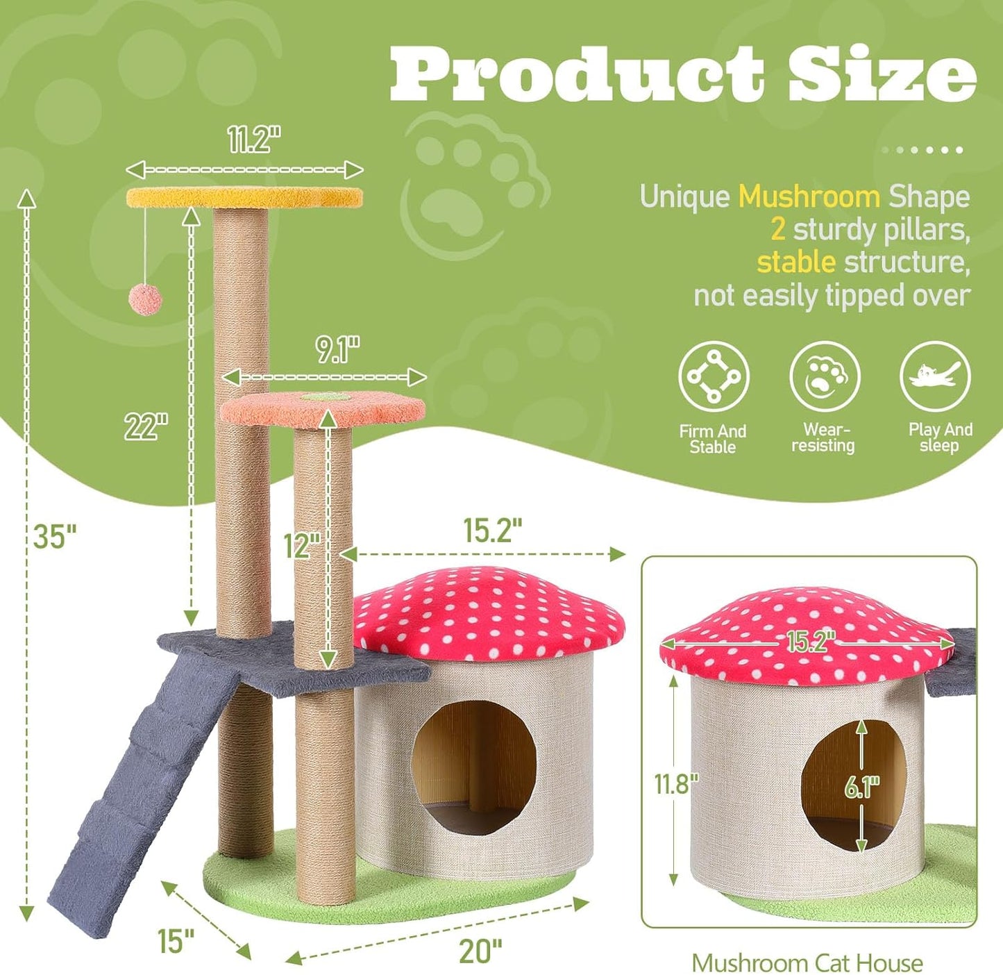 35" Mushroom Cat Tree, Cute Flower Cat Tower for Indoor Cats, Unique Cat Tree, Aesthetic Cat Tree with Sisal Scratching Post, 4 Layers Cat Playhouse for Kitten, Red Mushroom