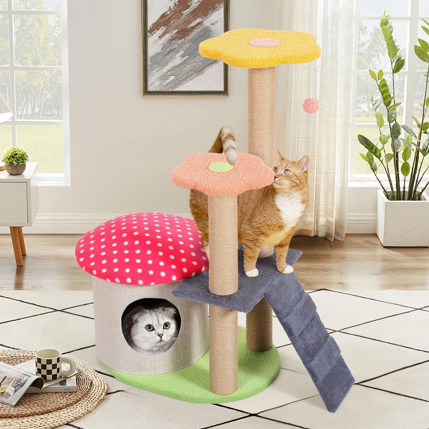 35" Mushroom Cat Tree, Cute Flower Cat Tower for Indoor Cats, Unique Cat Tree, Aesthetic Cat Tree with Sisal Scratching Post, 4 Layers Cat Playhouse for Kitten, Red Mushroom