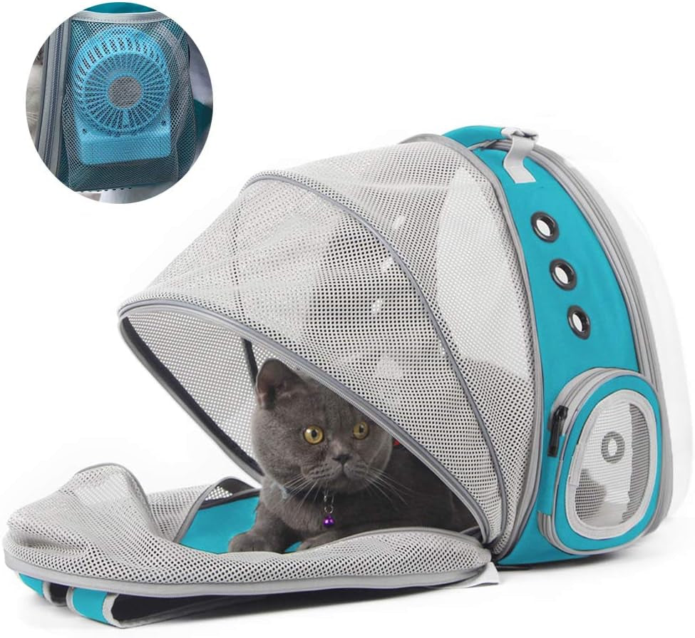 Cat Travel Backpack with Fan, Fit up to 20 Lbs, Space Capsule Astronaut Clear Bubble Window Pet Backpack for Kitten and Small Puppy (Green, Back Extension + Fan)